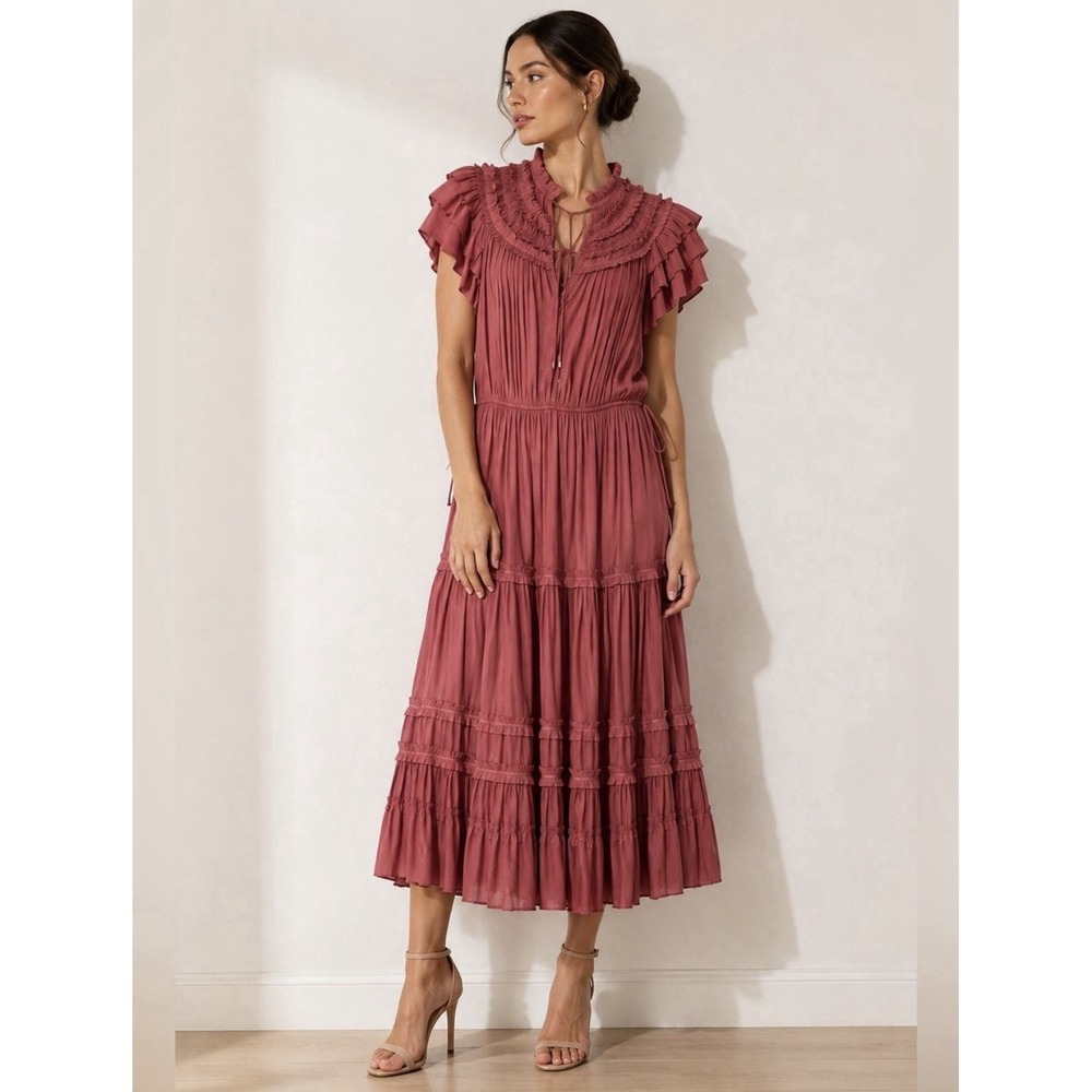 Elie Tahari Rosewood Pleated Midi Dress Sz L Satin